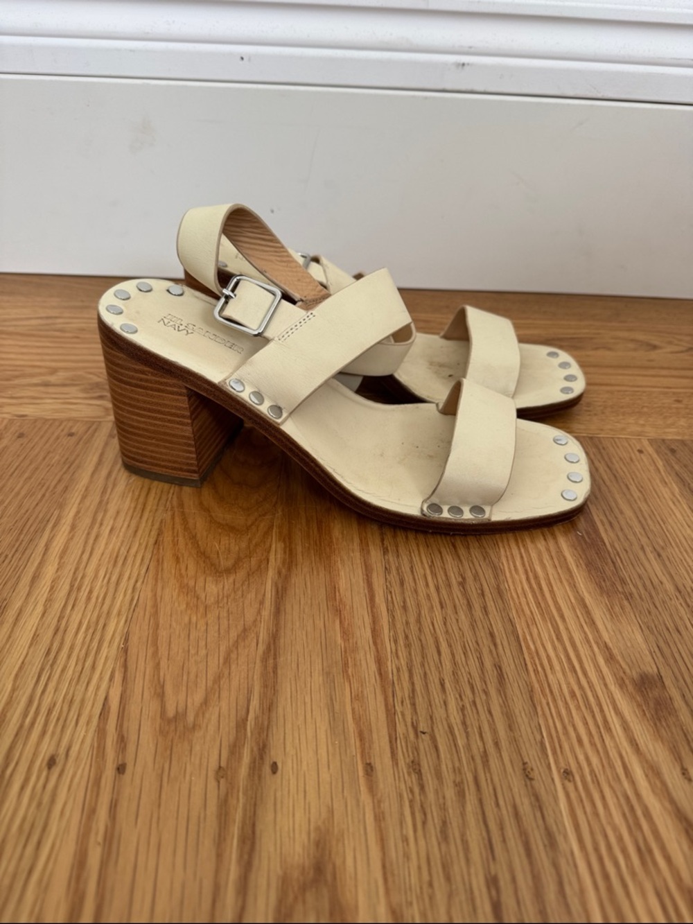 Jil Sander Cream Leather Block Heel Sandals with Silver Studs